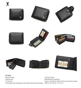 (8 to 12 card slots) PLAYBOY GENUINE LEATHER RFID LONG & SHORT WALLET PW 269 -1/-6/-7/-8 BLACK
