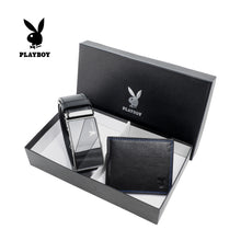 Load image into Gallery viewer, PLAYBOY RFID SHORT WALLET AND BELT GIFT SET PGS 423 BLACK