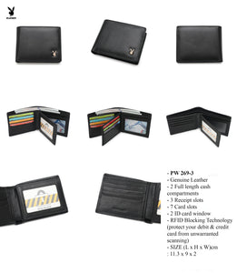 (7 to 9 card slots)PLAYBOY GENUINE LEATHER RFID SHORT WALLET PW 269 -3/-5 BLACK